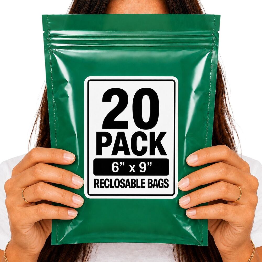 RECLOSABLE GREEN BAGS (20 PACK) 6" X 9" 2 MIL ZIPPER STORAGE BAGS NEW